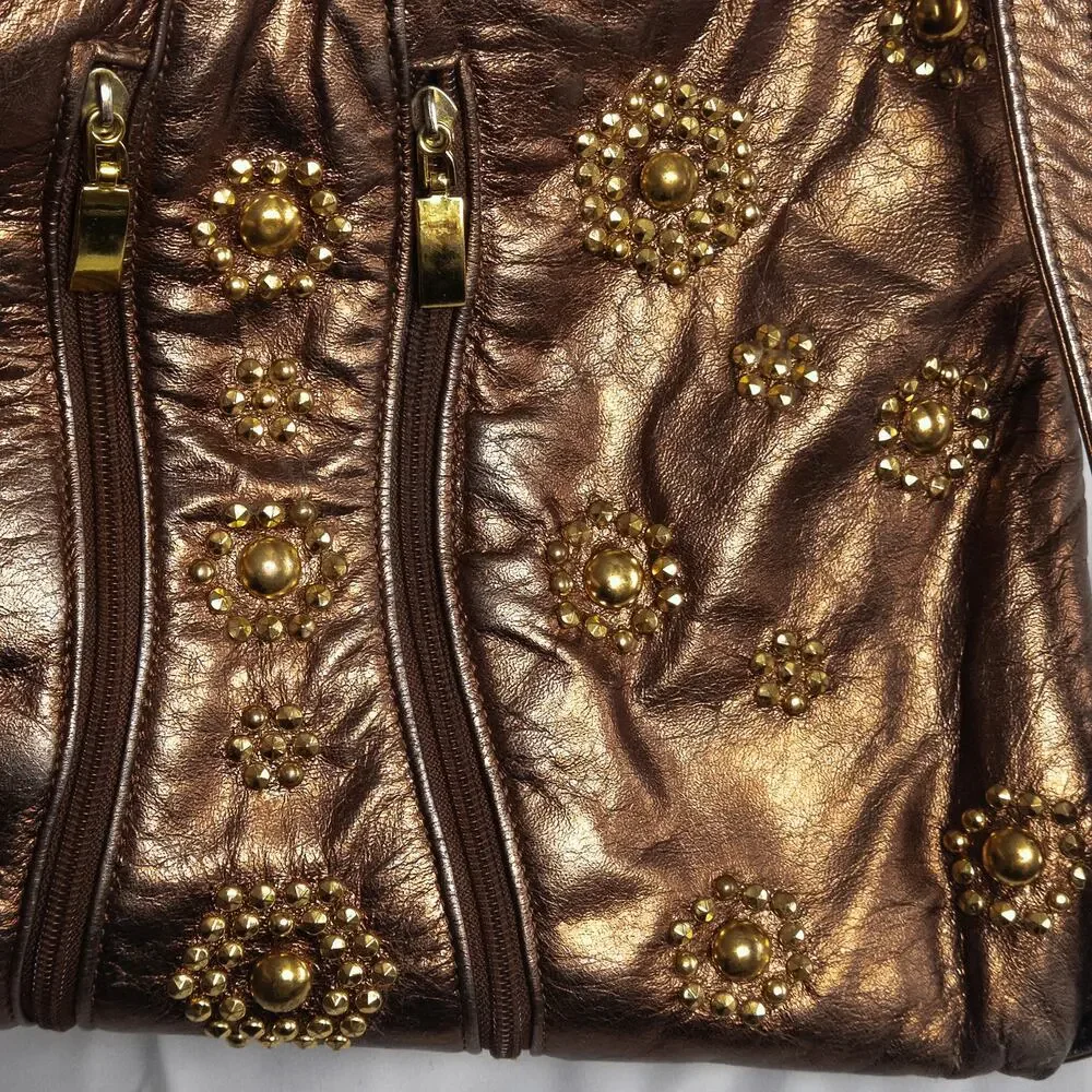 Valerie Jean Metallic Leather Shoulder Bag Bronze OS Y2K Boho Glam Studded
